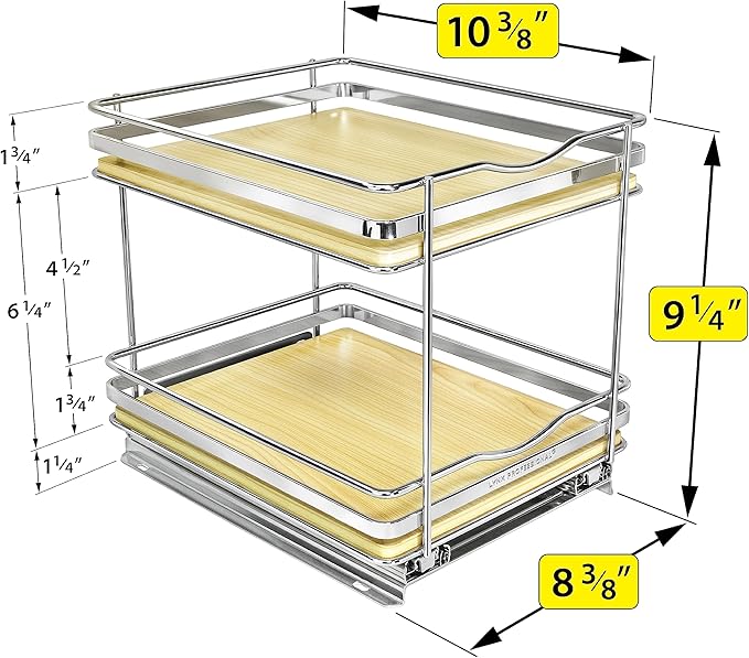 LYNK PROFESSIONAL® Élite™ Pull Out Spice Rack Organizer for Inside Kitchen Cabinets - 8-1/4 inch Wide - Slide Out Drawer – Wood/Chrome Sliding Spice Cabinet Organization Shelf Racks - 2 Tier