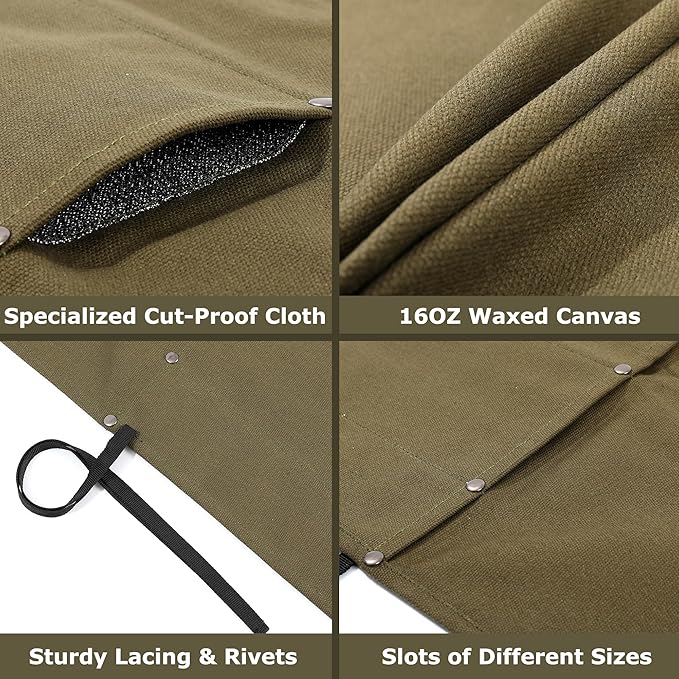 Kaaltisy Knife Roll Bag, 16oz Waxed Canvas Chefs Knife Bag with 4 Slots, Specialized Anti Cutting Fabric Knife Holder with Tie Rope | Army Green