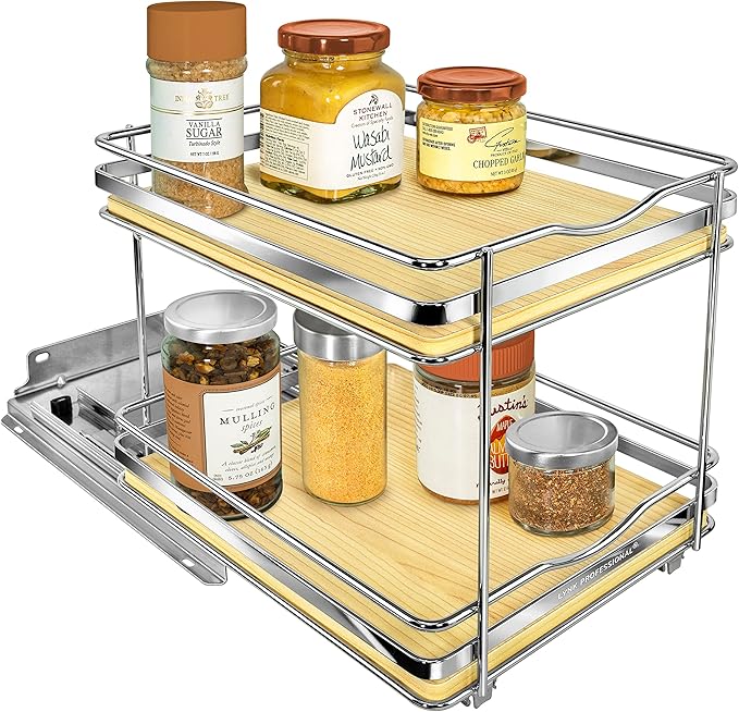 LYNK PROFESSIONAL® Élite™ Pull Out Spice Rack Organizer for Inside Kitchen Cabinets - 8-1/4 inch Wide - Slide Out Drawer – Wood/Chrome Sliding Spice Cabinet Organization Shelf Racks - 2 Tier