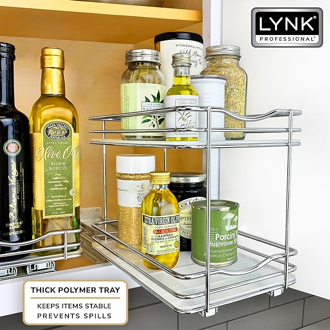 LYNK PROFESSIONAL® Pull Out Spice Rack Organizer for Inside Kitchen Cabinets - 6-1/4 inch Wide - Slide Out Drawer – Chrome Sliding Spice Cabinet Organization Shelf Racks - 2 Tier